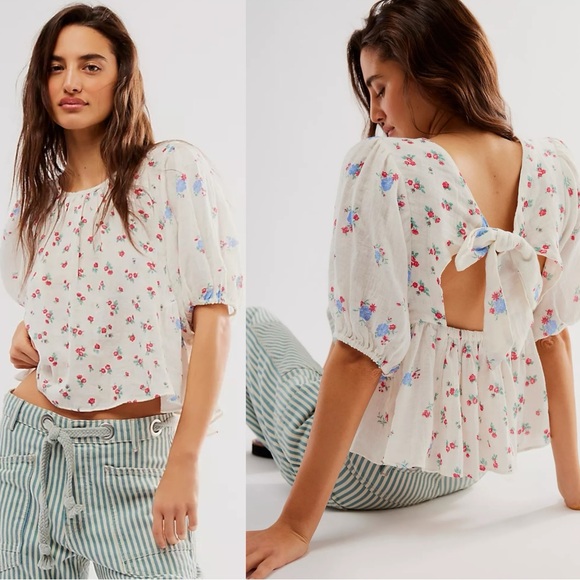 Free People Dainty Chloe Printed Top Floral Large Cottage Bow Gauze Shabby Chic - Picture 1 of 15